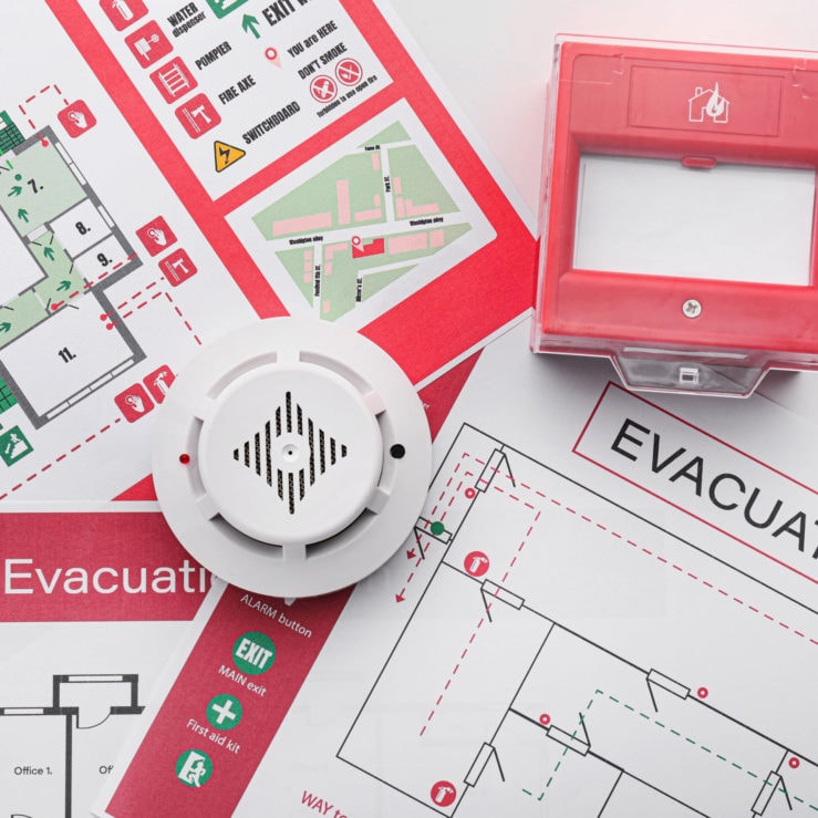 Fire Evacuation plans, smoke detector and manual call points
