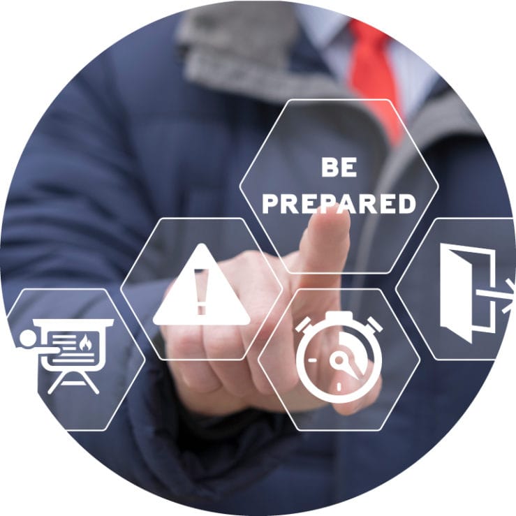 Businessman using virtual touchscreen presses inscription: BE PREPARED