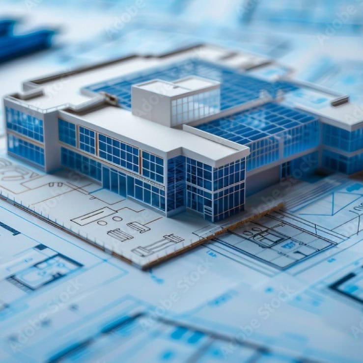 Fire Risk Strategy Blueprinting, with architects model of an office block