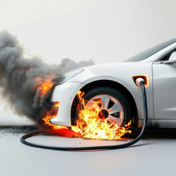 White electric car plugged into a charging cable with flames around the front wheel and thick black smoke billowing.